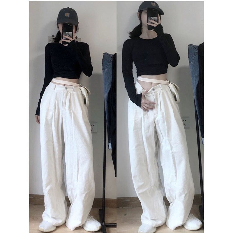 Casual Corduroy High Waist Loose Straight Wide  Leg Pants Mssza