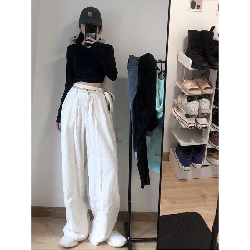 Casual Corduroy High Waist Loose Straight Wide  Leg Pants Mssza