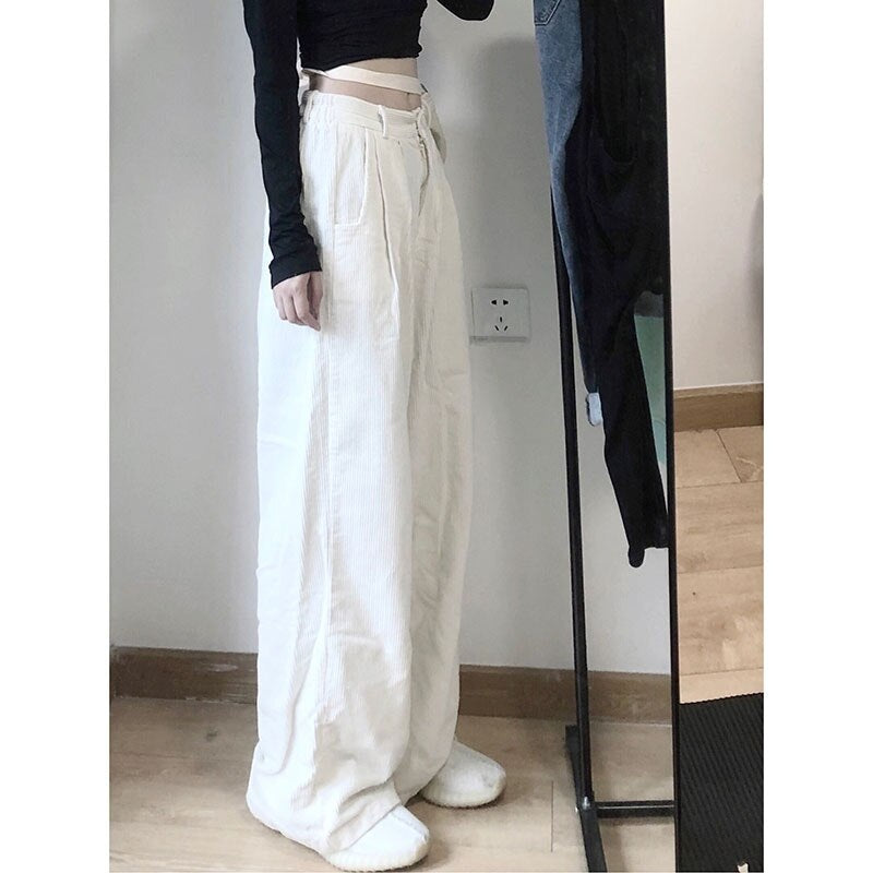 Casual Corduroy High Waist Loose Straight Wide  Leg Pants Mssza