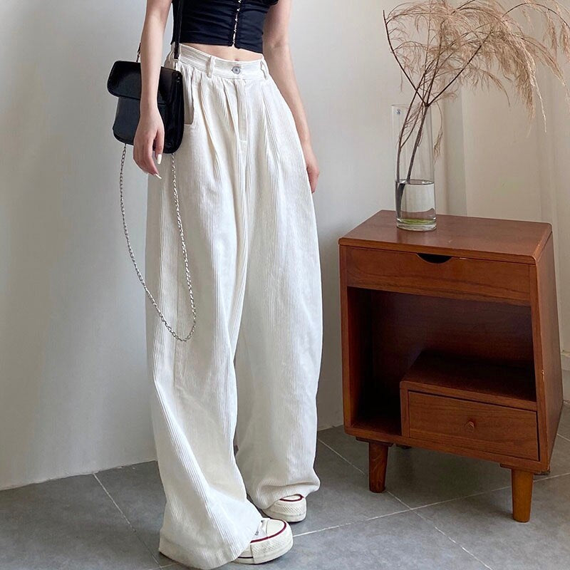Casual Corduroy High Waist Loose Straight Wide  Leg Pants Mssza
