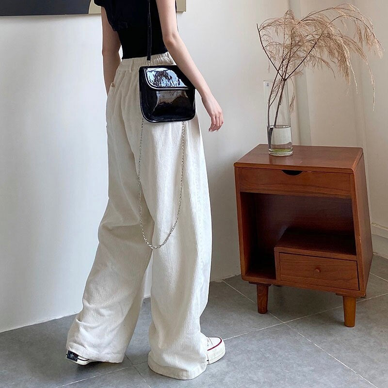 Casual Corduroy High Waist Loose Straight Wide  Leg Pants Mssza