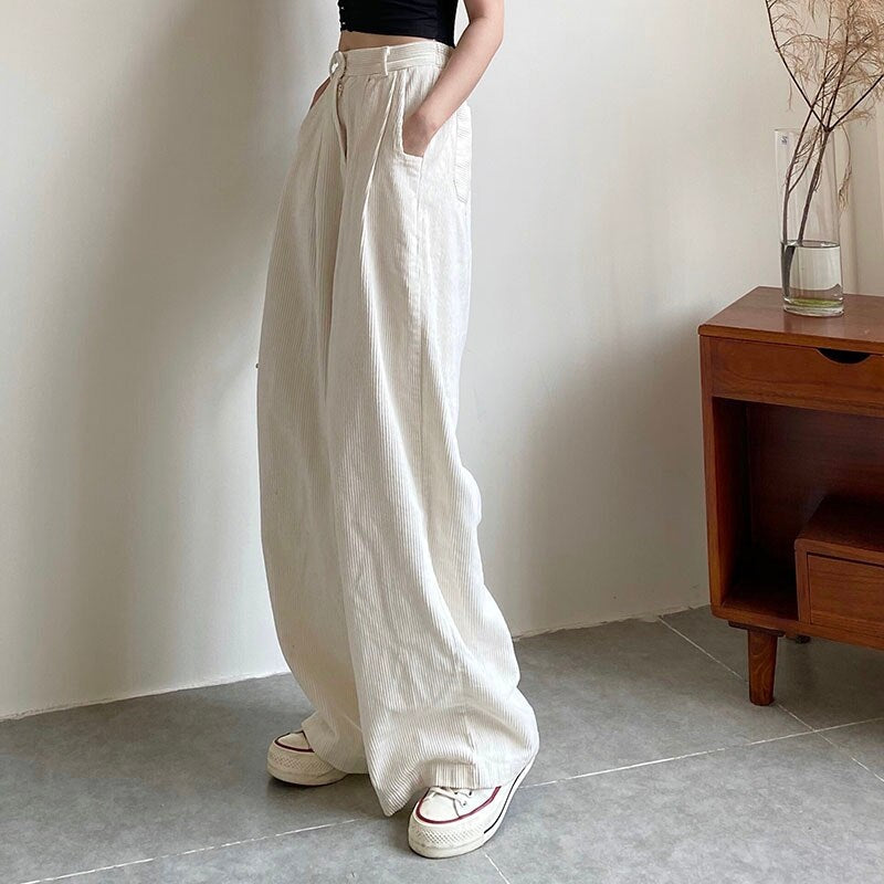 Casual Corduroy High Waist Loose Straight Wide  Leg Pants Mssza