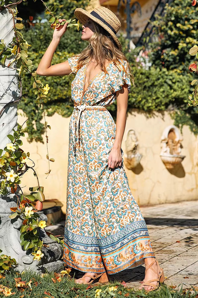 Casual Cotton Deep V-Neck Ankle-length Wide Legs Pants Long Jumpsuit Mssza