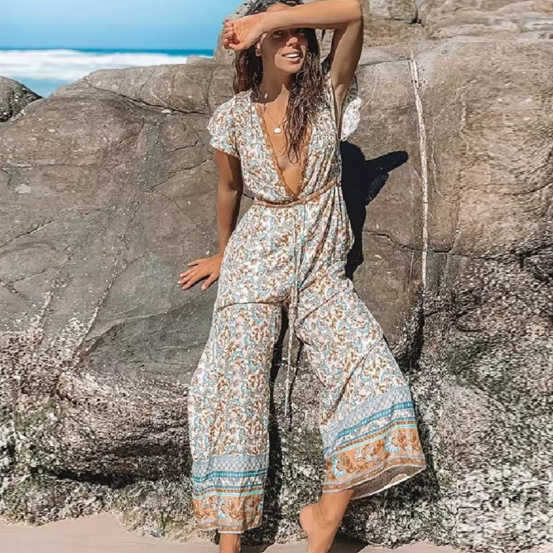 Casual Cotton Deep V-Neck Ankle-length Wide Legs Pants Long Jumpsuit Mssza