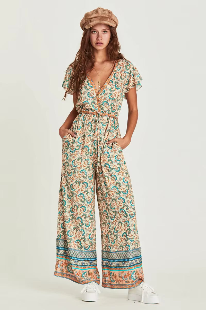 Casual Cotton Deep V-Neck Ankle-length Wide Legs Pants Long Jumpsuit Mssza