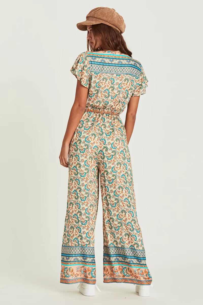 Casual Cotton Deep V-Neck Ankle-length Wide Legs Pants Long Jumpsuit Mssza