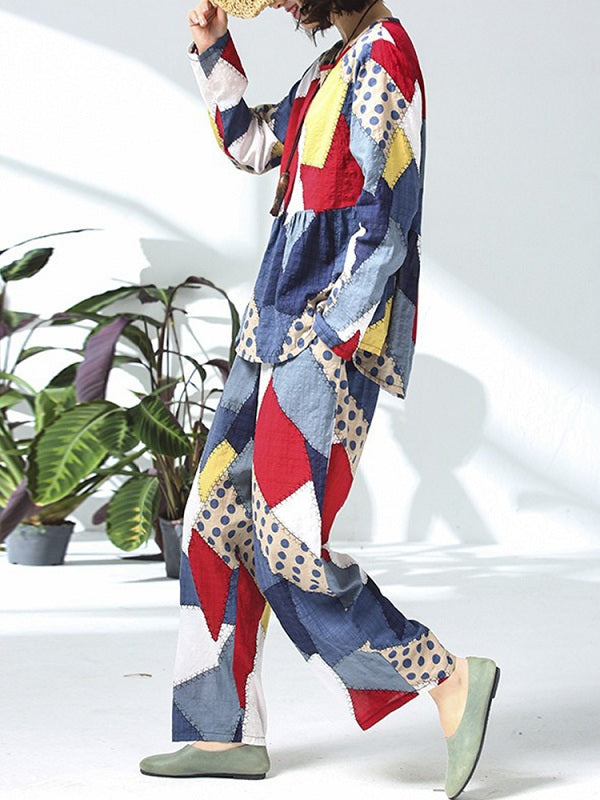 Casual Cotton Linen Floral Print Two Pieces Suits Mssza