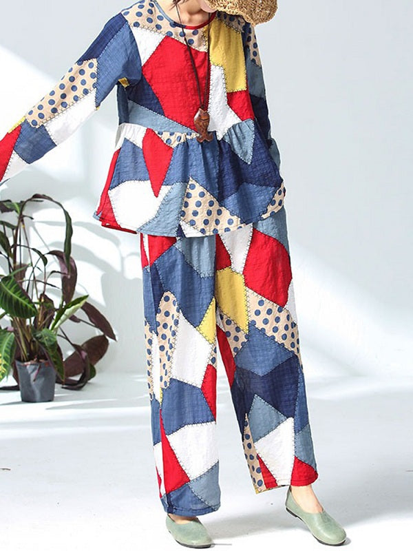 Casual Cotton Linen Floral Print Two Pieces Suits Mssza