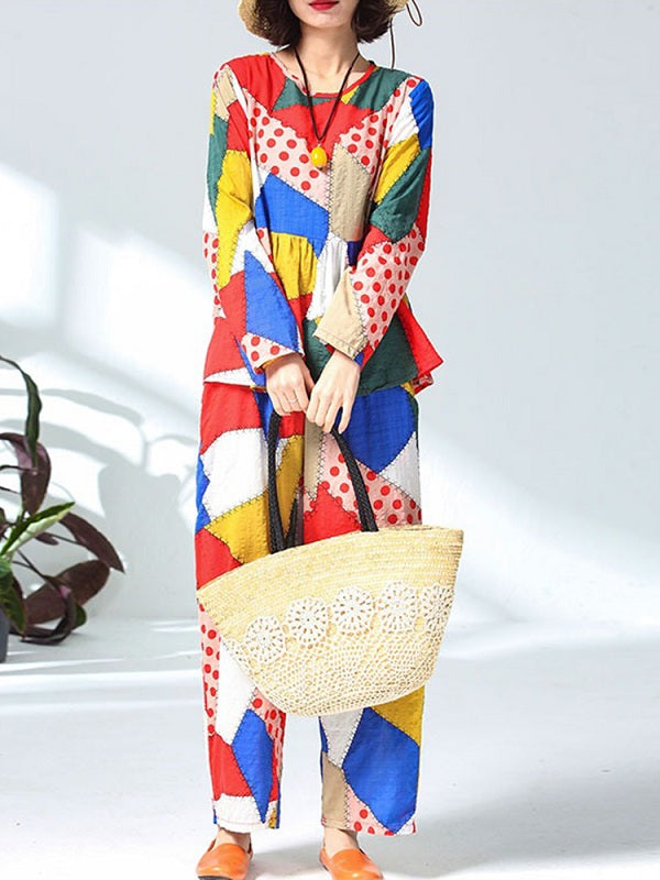 Casual Cotton Linen Floral Print Two Pieces Suits Mssza