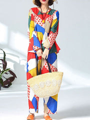 Casual Cotton Linen Floral Print Two Pieces Suits Mssza