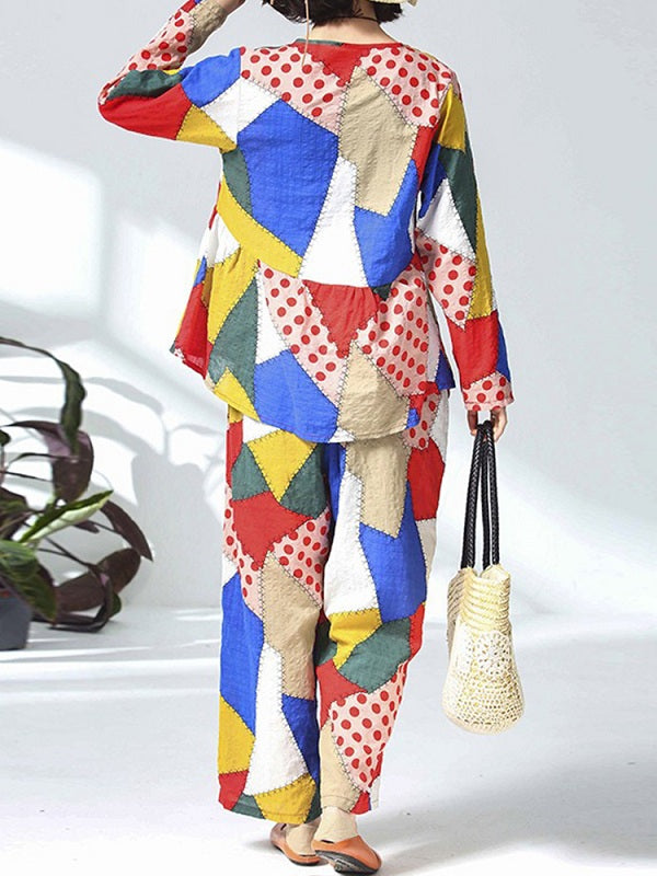 Casual Cotton Linen Floral Print Two Pieces Suits Mssza