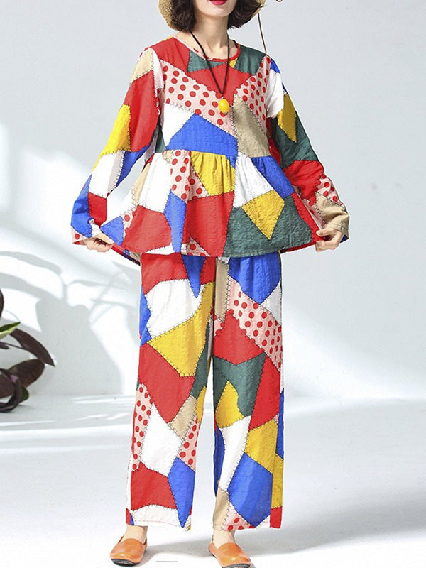 Casual Cotton Linen Floral Print Two Pieces Suits Mssza