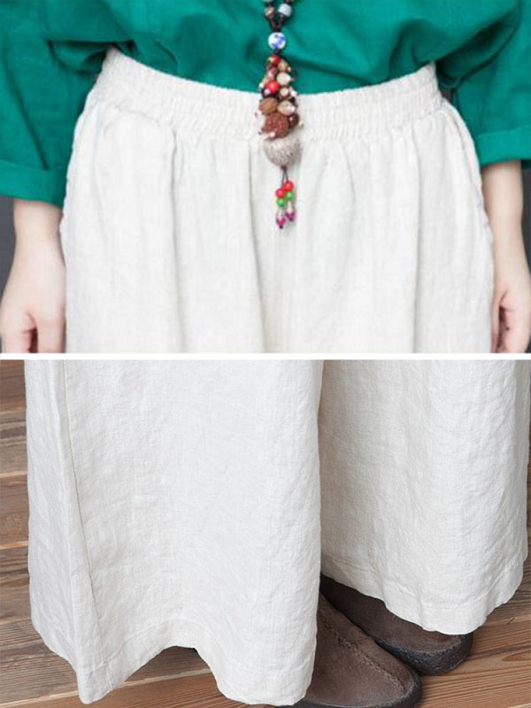 Casual Cotton Linen Pure Color Elastic Waist Pants Mssza