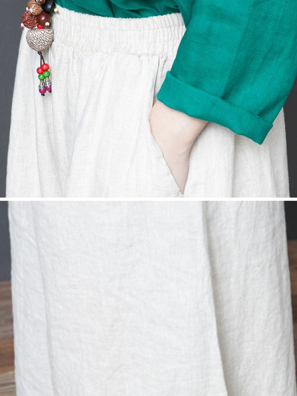 Casual Cotton Linen Pure Color Elastic Waist Pants Mssza