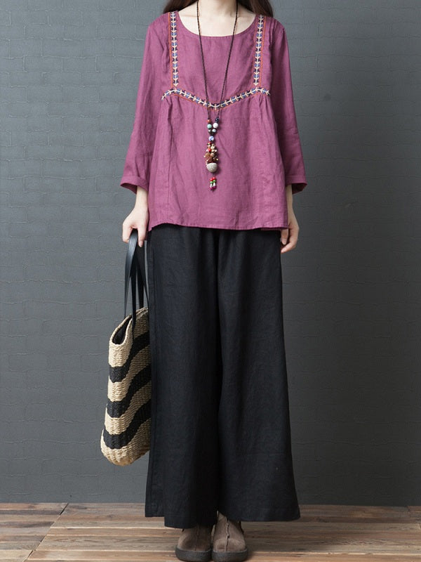 Casual Cotton Linen Pure Color Elastic Waist Pants Mssza