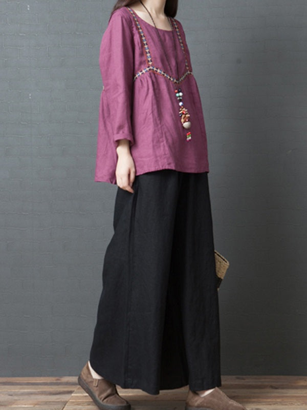 Casual Cotton Linen Pure Color Elastic Waist Pants Mssza