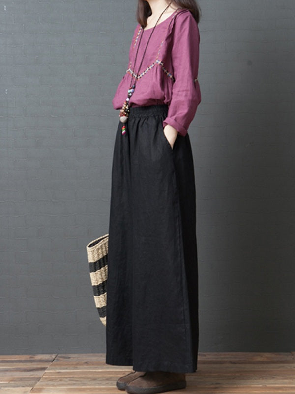 Casual Cotton Linen Pure Color Elastic Waist Pants Mssza