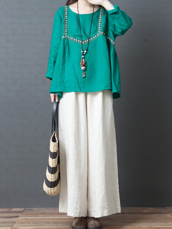 Casual Cotton Linen Pure Color Elastic Waist Pants Mssza