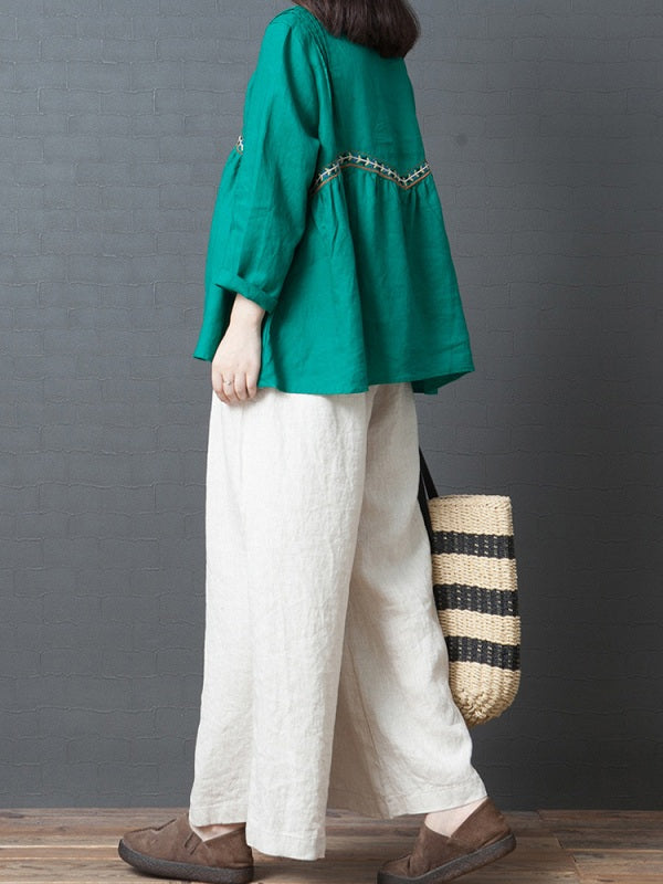 Casual Cotton Linen Pure Color Elastic Waist Pants Mssza