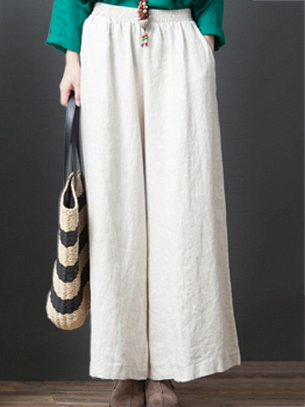 Casual Cotton Linen Pure Color Elastic Waist Pants Mssza