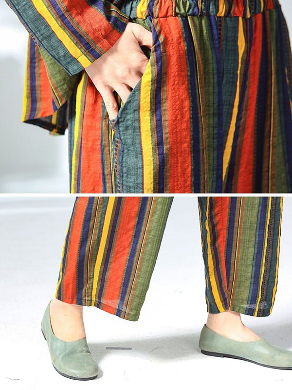 Casual Cotton Linen Striped Tops And Pants Set Mssza