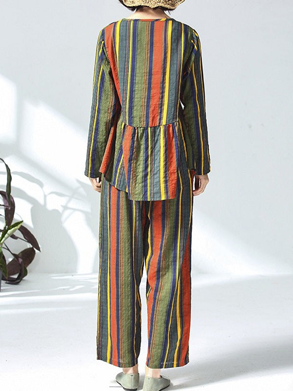 Casual Cotton Linen Striped Tops And Pants Set Mssza