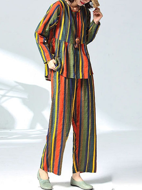Casual Cotton Linen Striped Tops And Pants Set Mssza