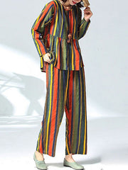 Casual Cotton Linen Striped Tops And Pants Set Mssza