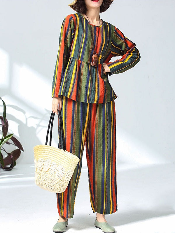 Casual Cotton Linen Striped Tops And Pants Set Mssza
