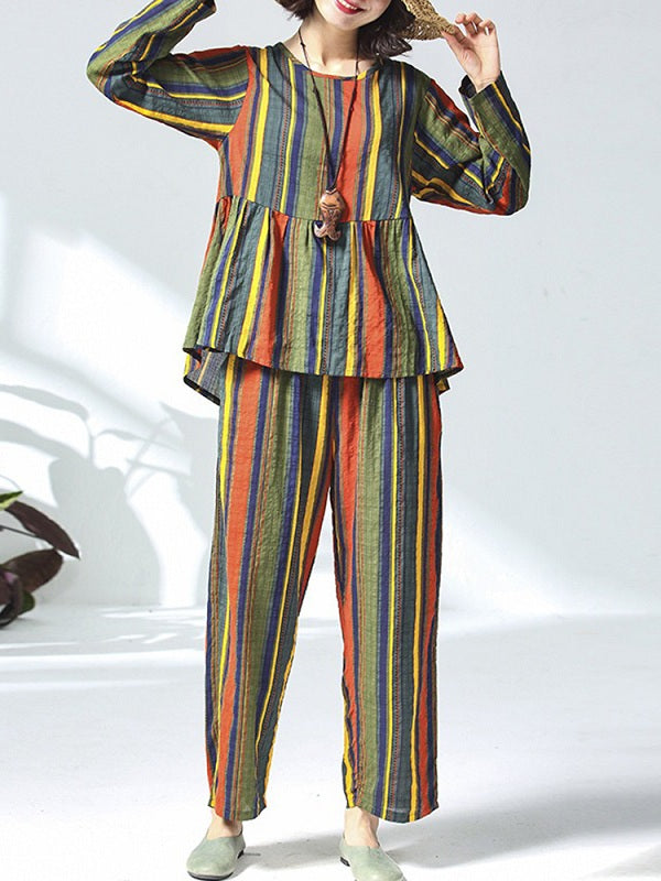 Casual Cotton Linen Striped Tops And Pants Set Mssza