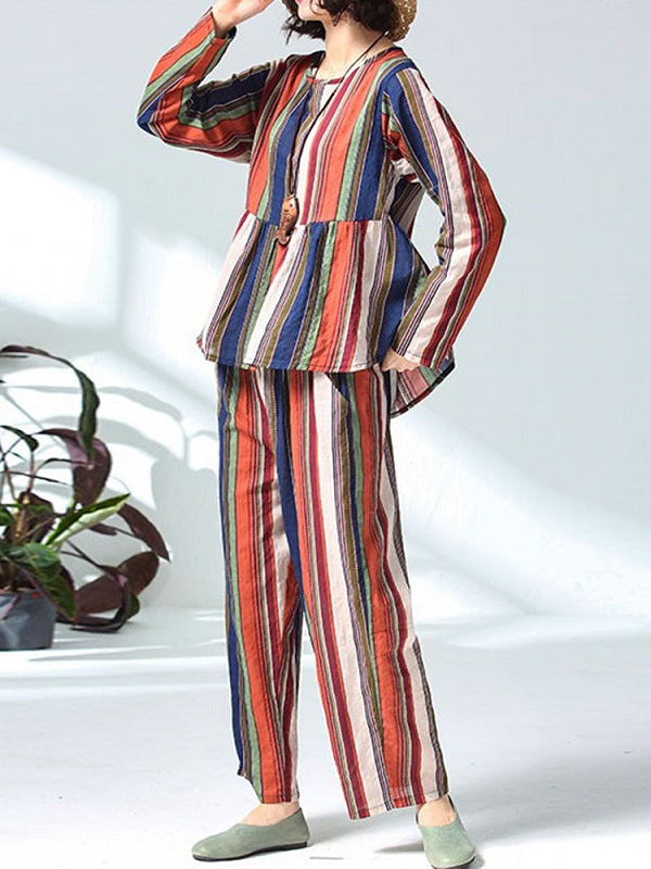 Casual Cotton Linen Striped Tops And Pants Set Mssza