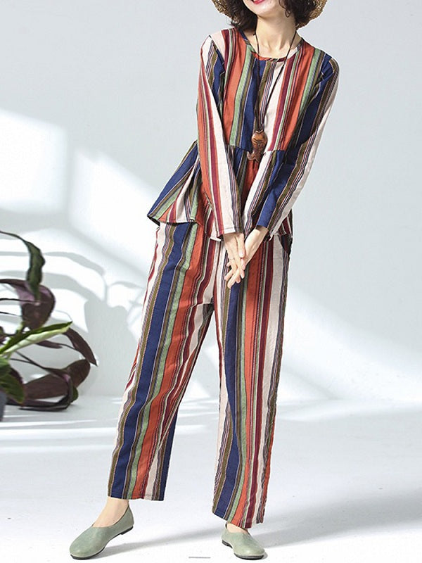 Casual Cotton Linen Striped Tops And Pants Set Mssza