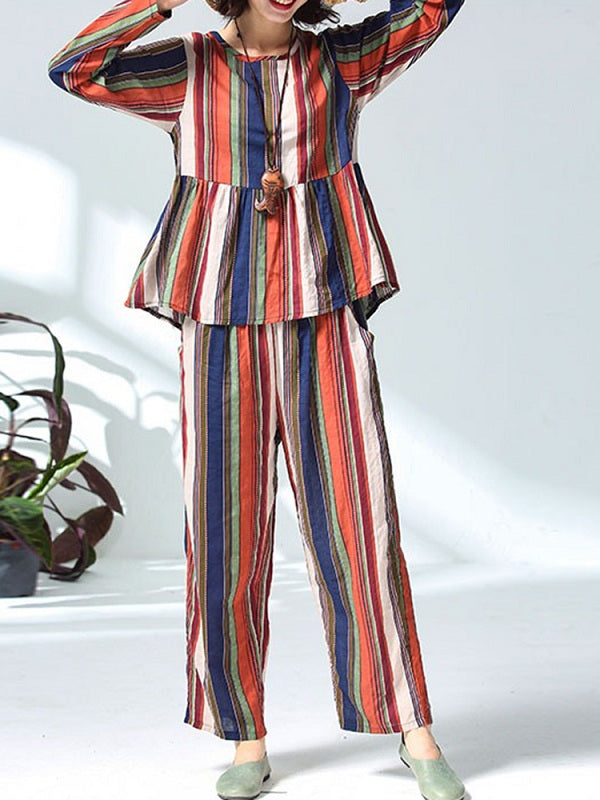 Casual Cotton Linen Striped Tops And Pants Set Mssza