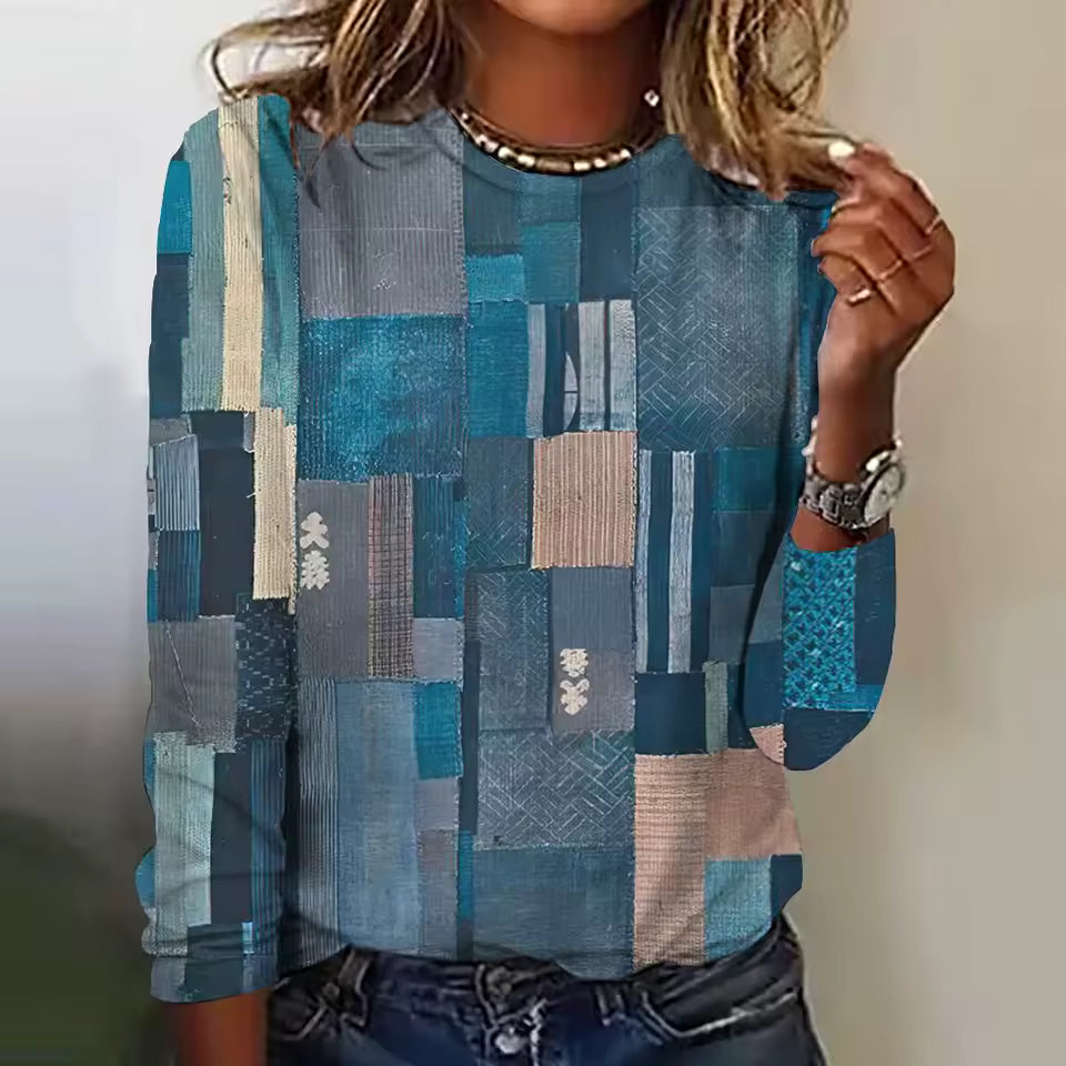 Casual Cotton Pullover Splicing Print Cowboys Long Sleeves T-shirts Mssza