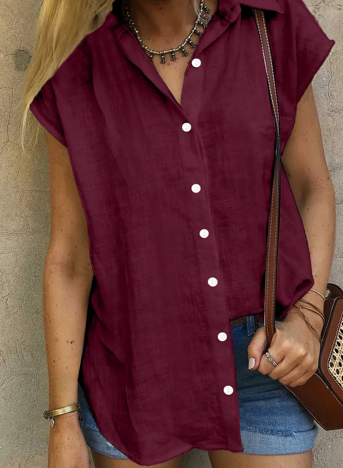 Casual Cotton Solid Color Linen Short-sleeved Buttons Loose Shirt Mssza