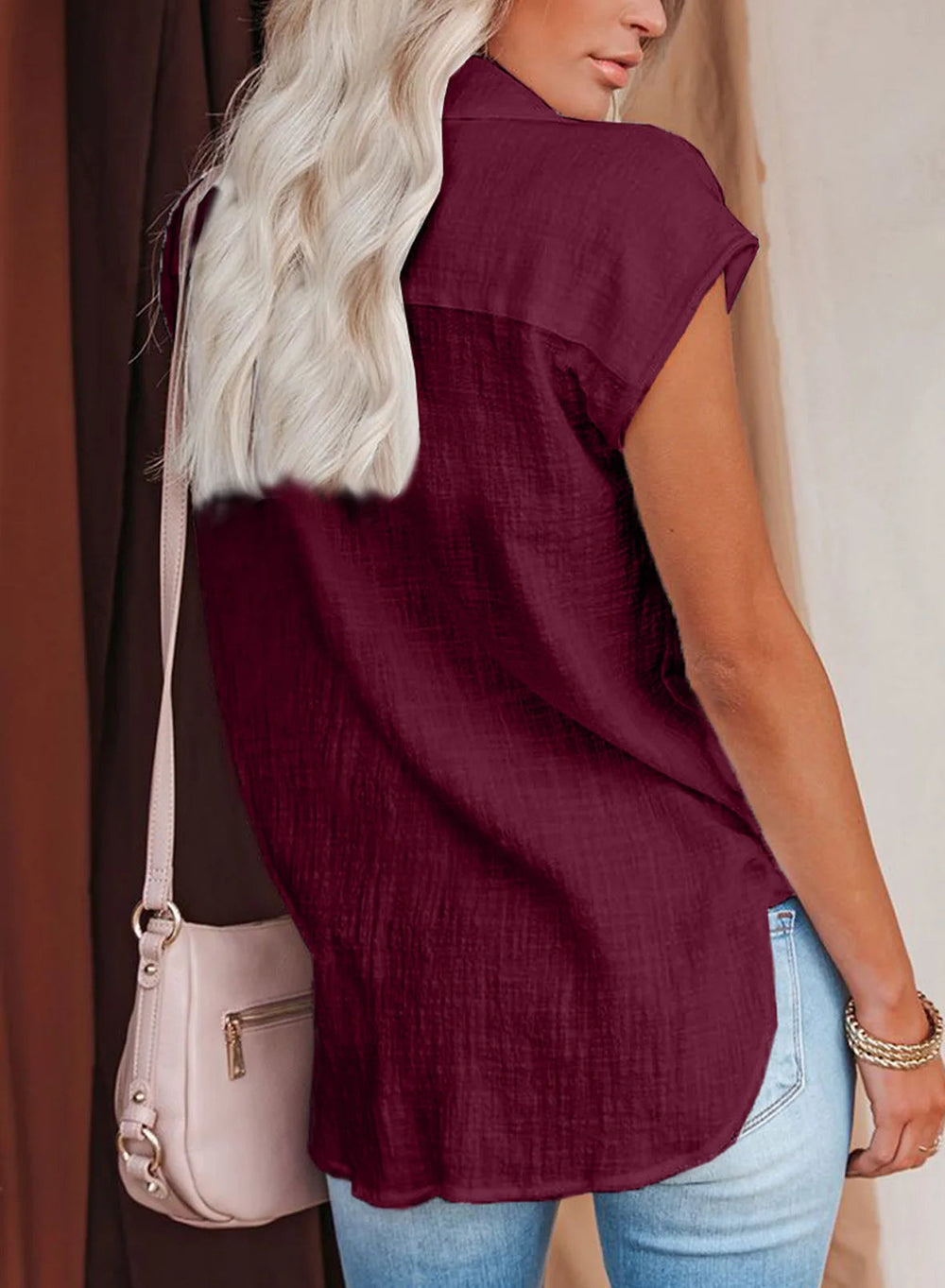 Casual Cotton Solid Color Linen Short-sleeved Buttons Loose Shirt Mssza