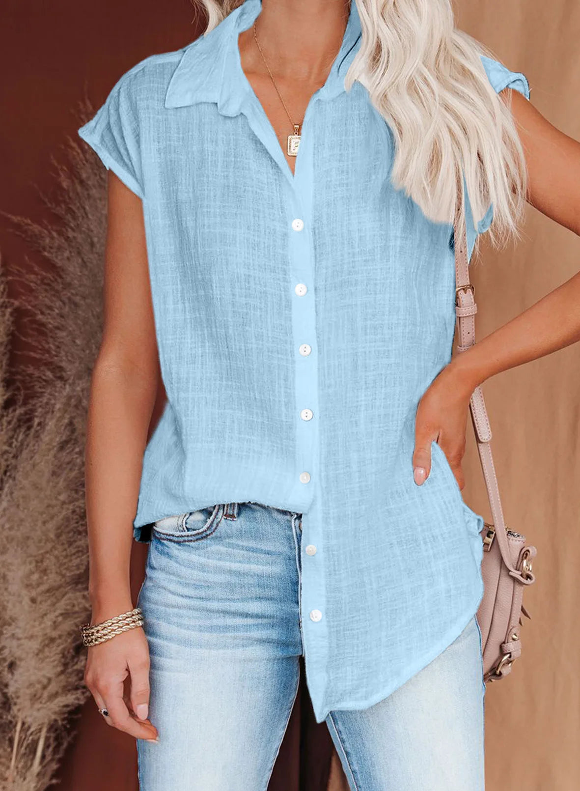 Casual Cotton Solid Color Linen Short-sleeved Buttons Loose Shirt Mssza