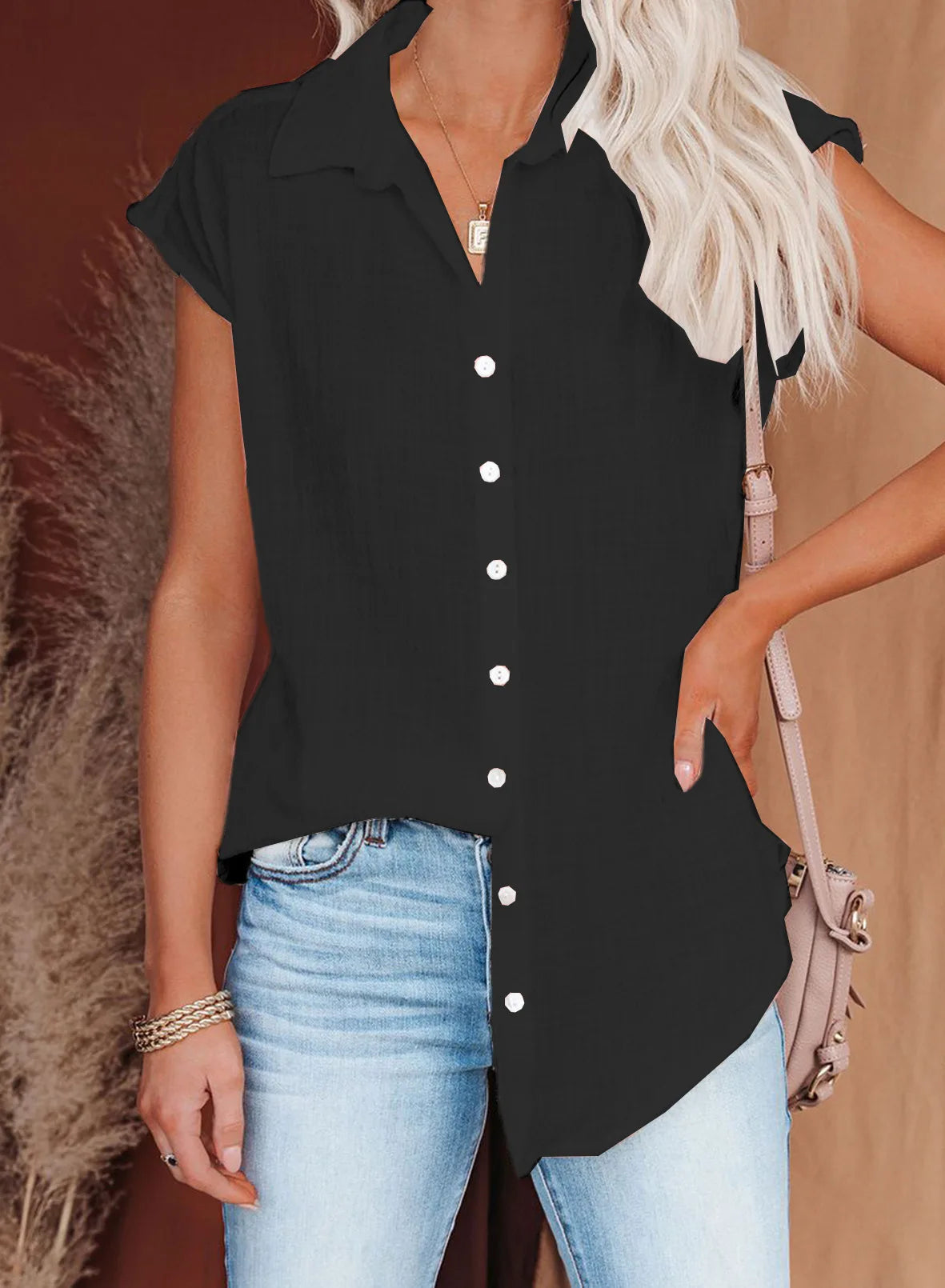 Casual Cotton Solid Color Linen Short-sleeved Buttons Loose Shirt Mssza