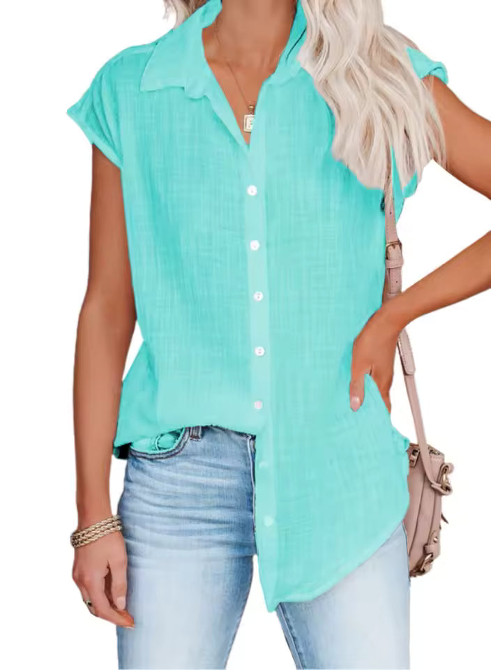 Casual Cotton Solid Color Linen Short-sleeved Buttons Loose Shirt Mssza