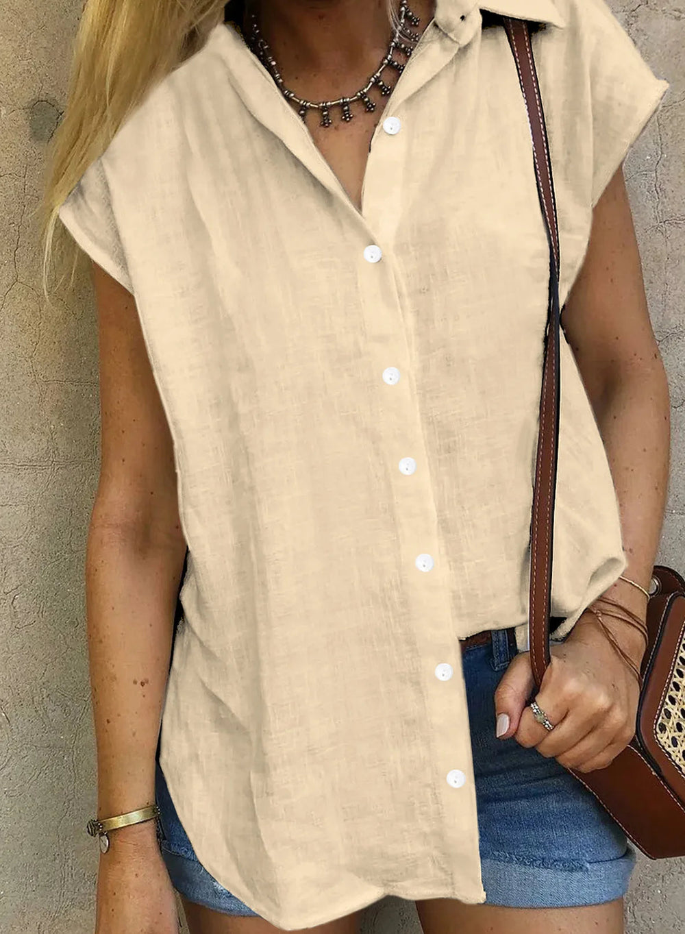 Casual Cotton Solid Color Linen Short-sleeved Buttons Loose Shirt Mssza