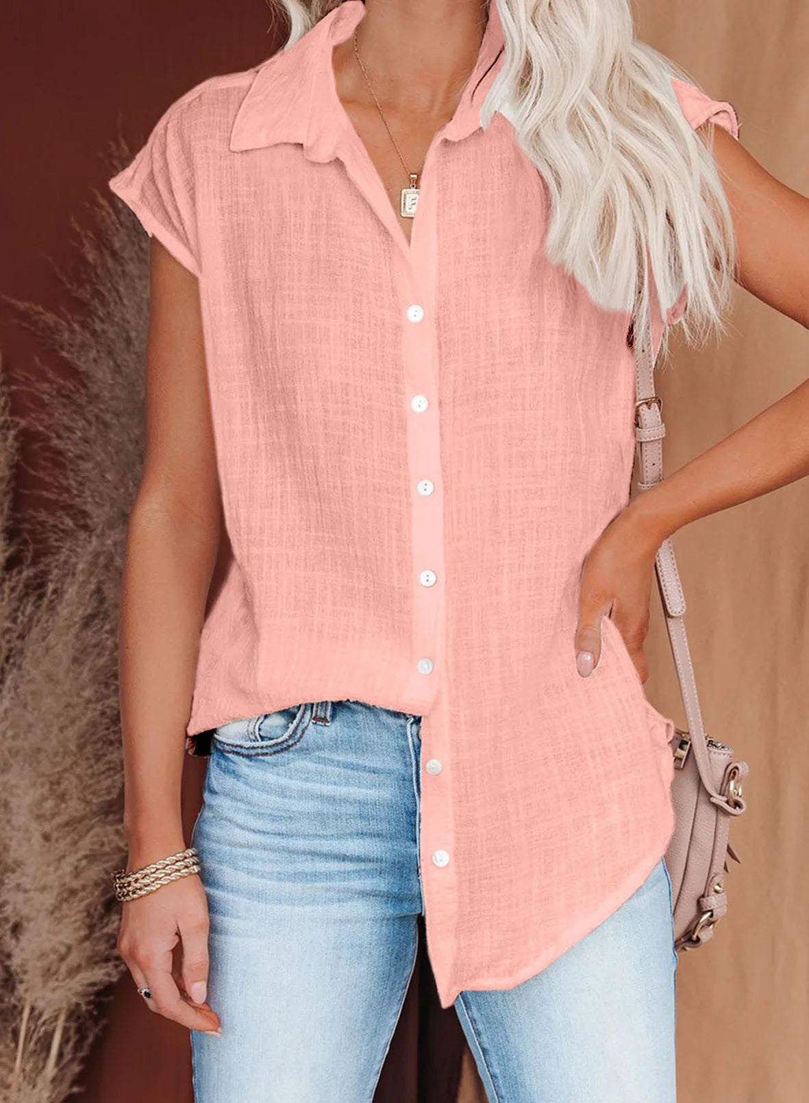 Casual Cotton Solid Color Linen Short-sleeved Buttons Loose Shirt Mssza