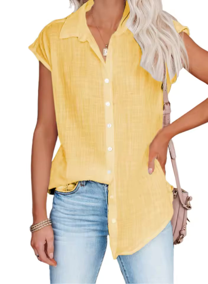 Casual Cotton Solid Color Linen Short-sleeved Buttons Loose Shirt Mssza