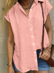 Casual Cotton Solid Color Linen Short-sleeved Buttons Loose Shirt Mssza