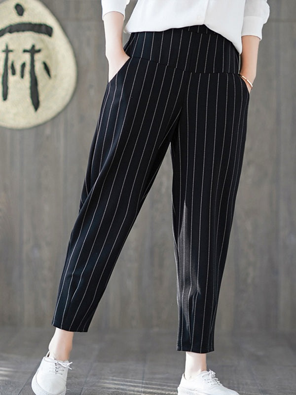 Casual Cotton Stripe Elastic Waist Trouser Harem Pants Mssza