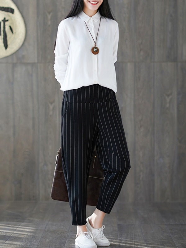 Casual Cotton Stripe Elastic Waist Trouser Harem Pants Mssza