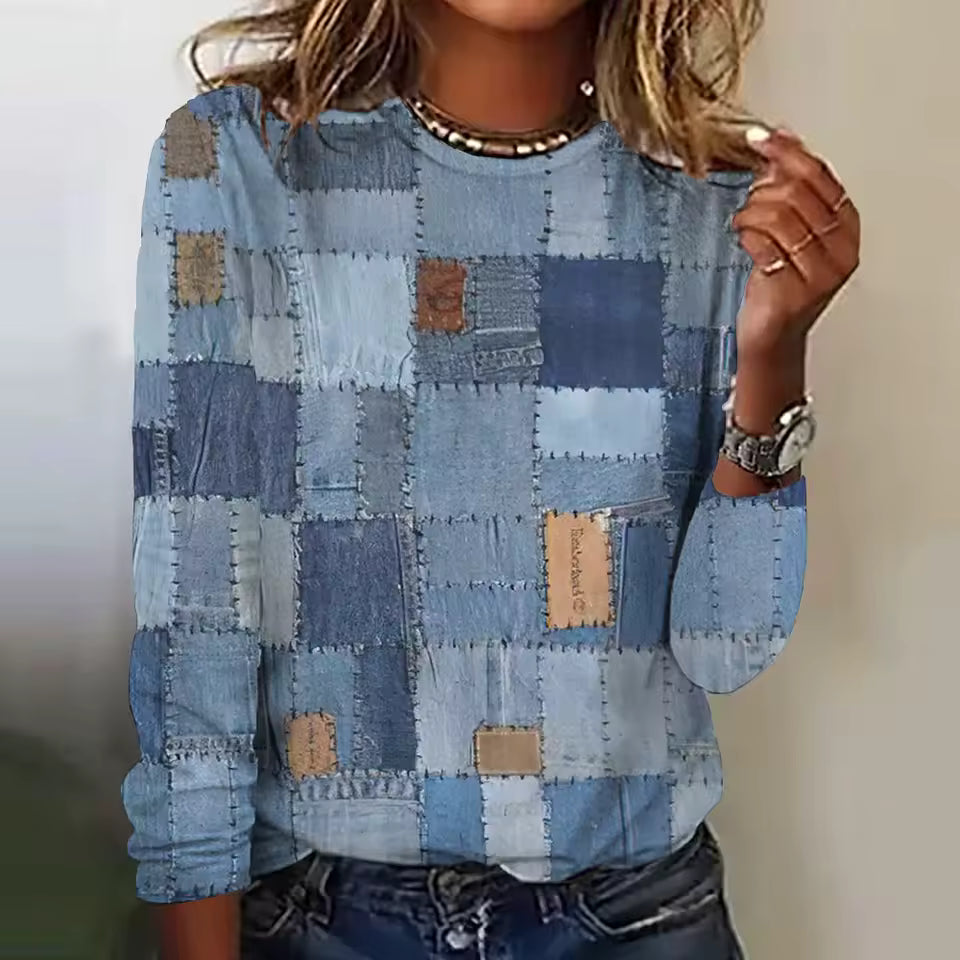 Casual Cowboys Pullover Splicing Print Long Sleeves T-shirts Mssza