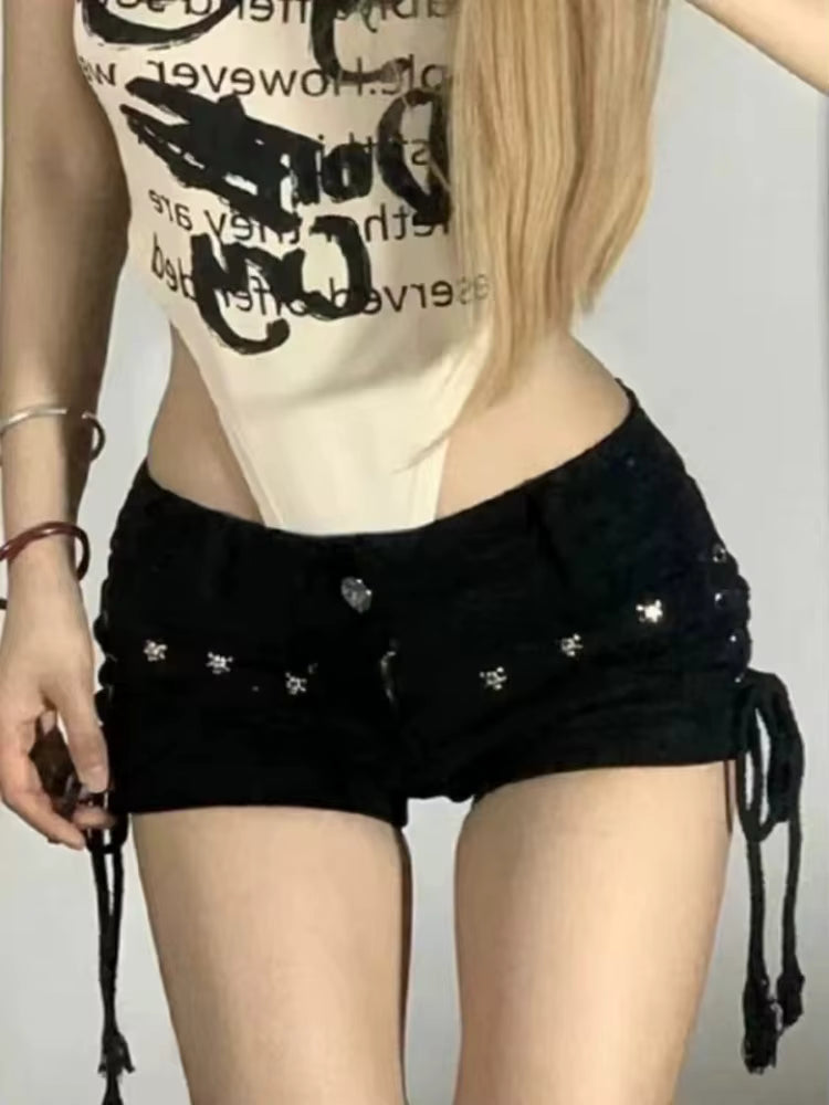 Casual Creativity Lace-up Rivet Cotton Skinny Shorts Streetwear Mssza