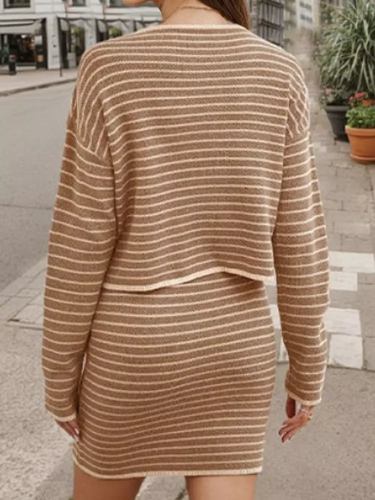 Casual Crew Neck Cardigan And Midi Skirt Striped Knitted Two Piece Set Mssza
