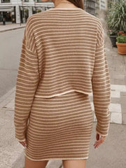 Casual Crew Neck Cardigan And Midi Skirt Striped Knitted Two Piece Set Mssza