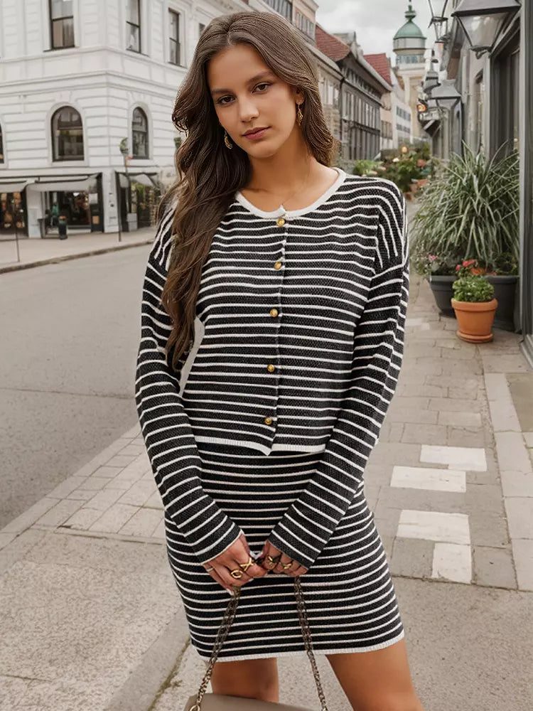 Casual Crew Neck Cardigan And Midi Skirt Striped Knitted Two Piece Set Mssza